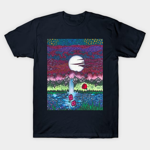 Moonlit Waterfall T-Shirt by Christopher's Doodles